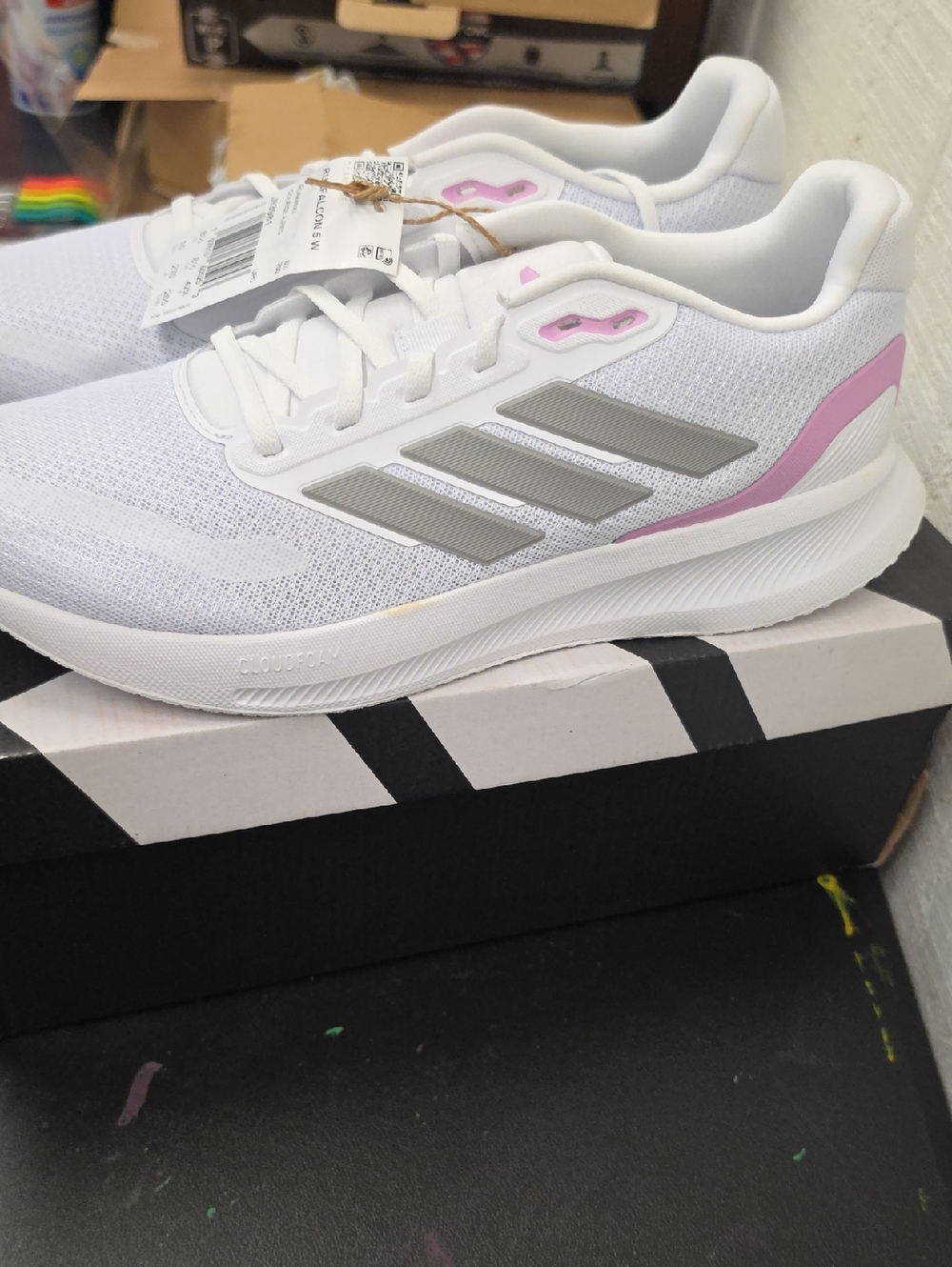 adidas Women’s White Shoes with Pink Accents and Gray Stripes